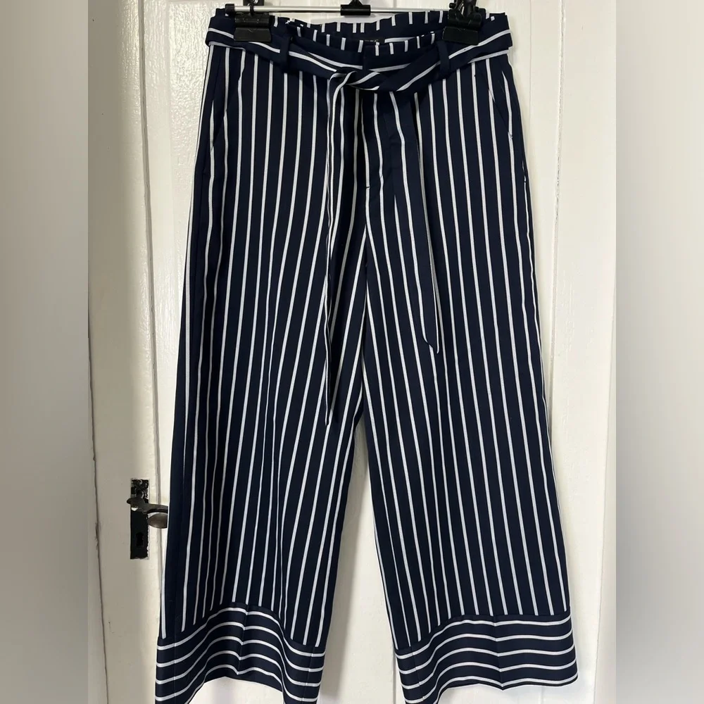Banana Republic Blake Striped Wide Leg Navy Belted Pants Sz 6 - Picture 2 of 10